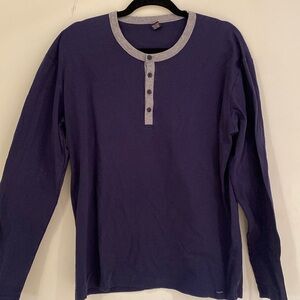 Calida men’s navy long sleeve 100% cotton Henley tee with gray trim Sz L